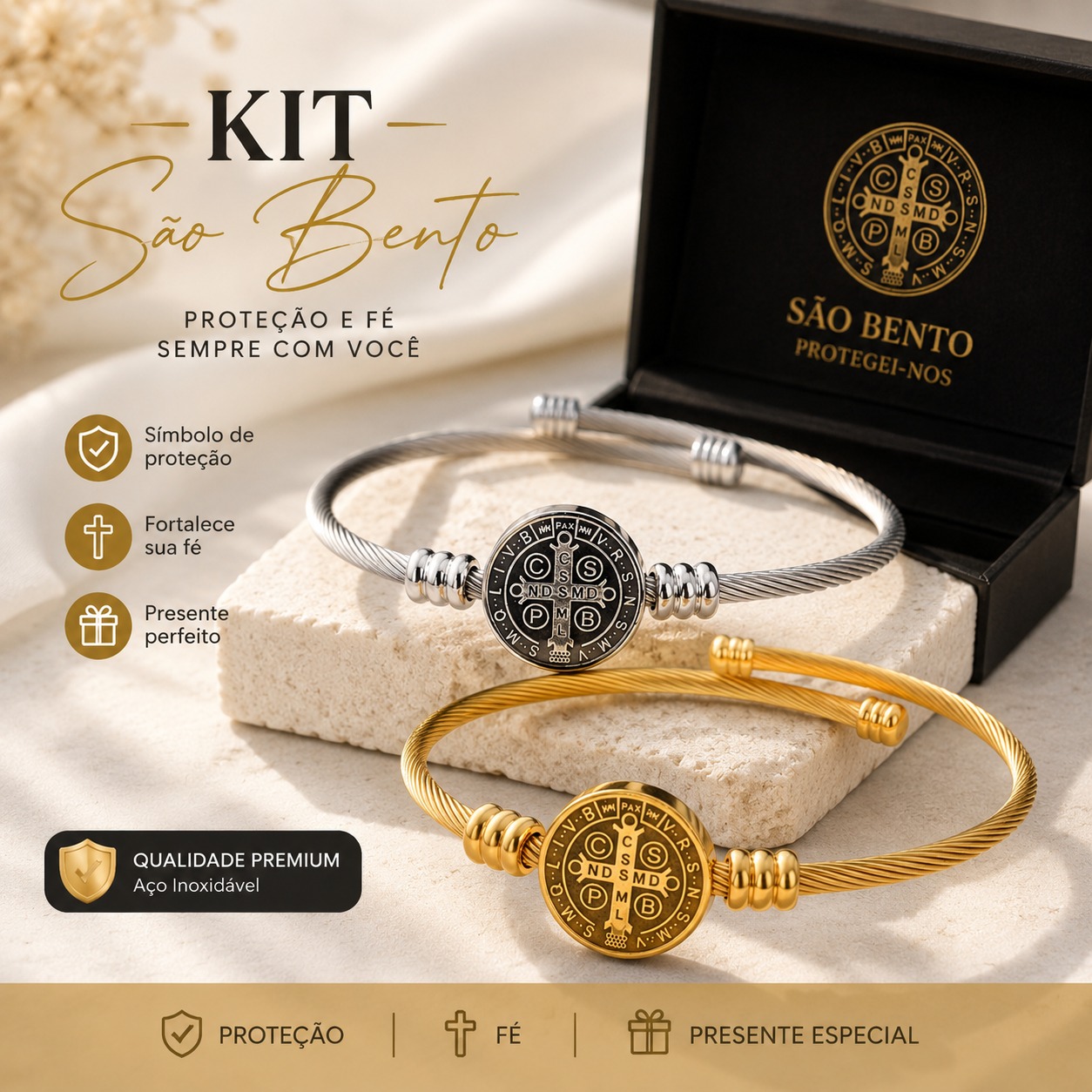 Bracelete da Proteção de São Bento — Kit Dourado + Prata
